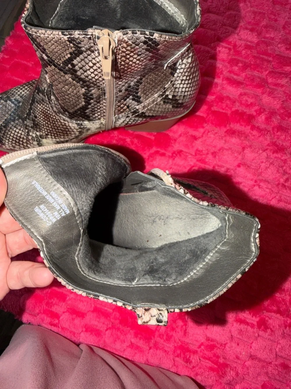 Vince Camuto Snake-Print Ankle Boots in Taupe and Black
